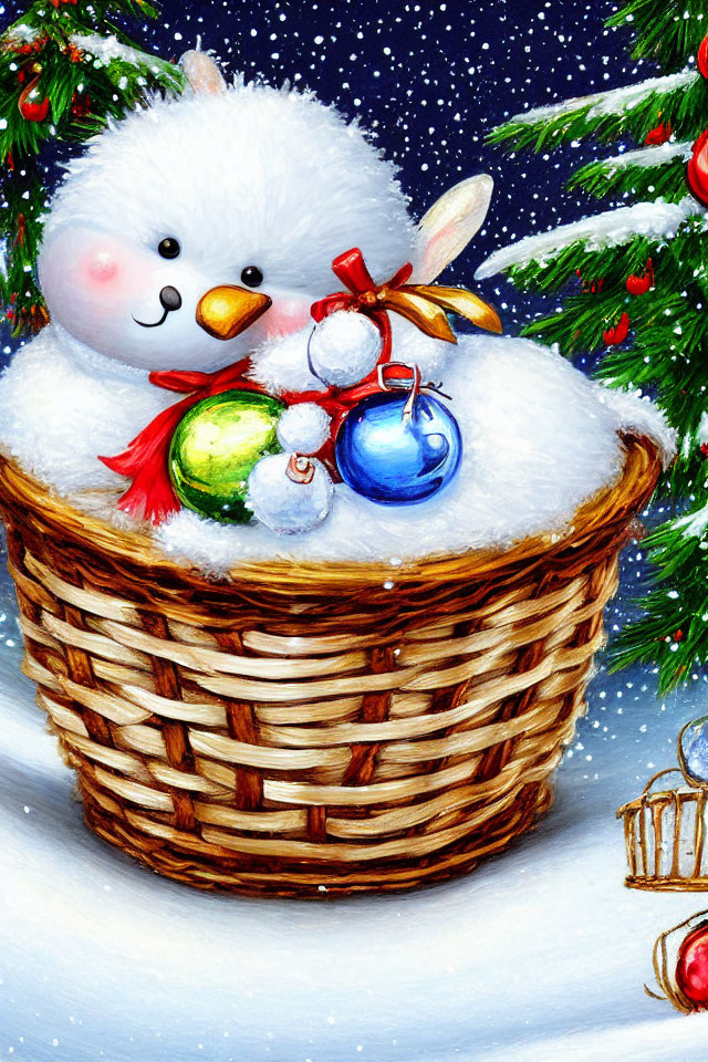 Fluffy white toy bear in wicker basket with Christmas ornaments and snowy pine trees