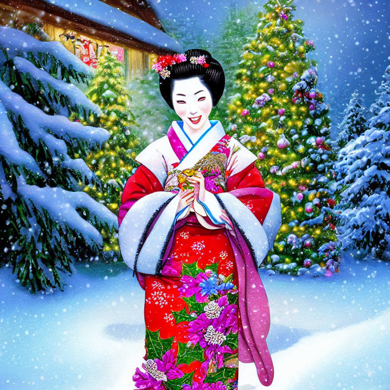 Illustrated Geisha in Red Kimono by Christmas Tree in Snowy Scene