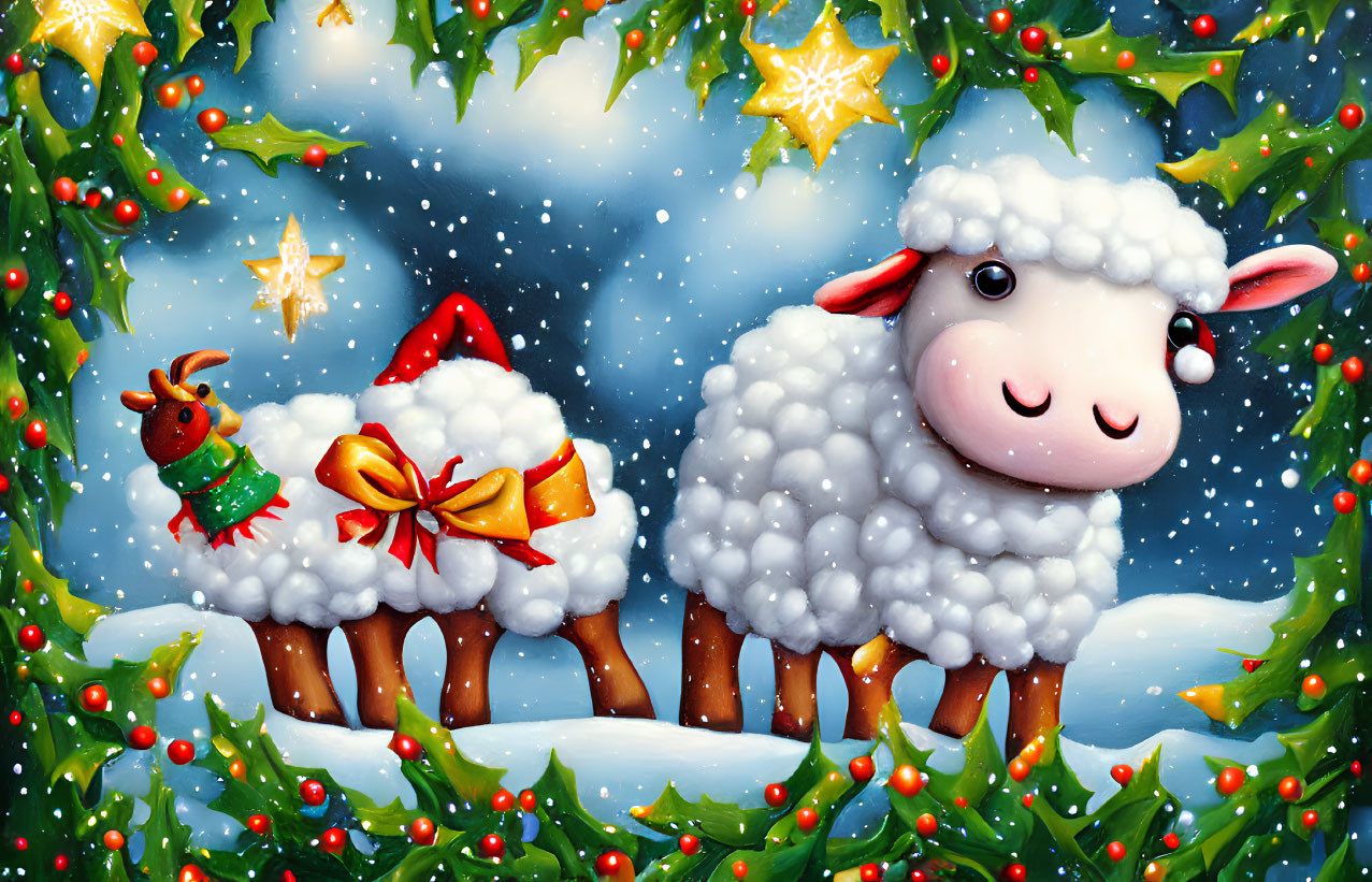 Festive illustration of fluffy sheep with holiday present and reindeer in snowy scene