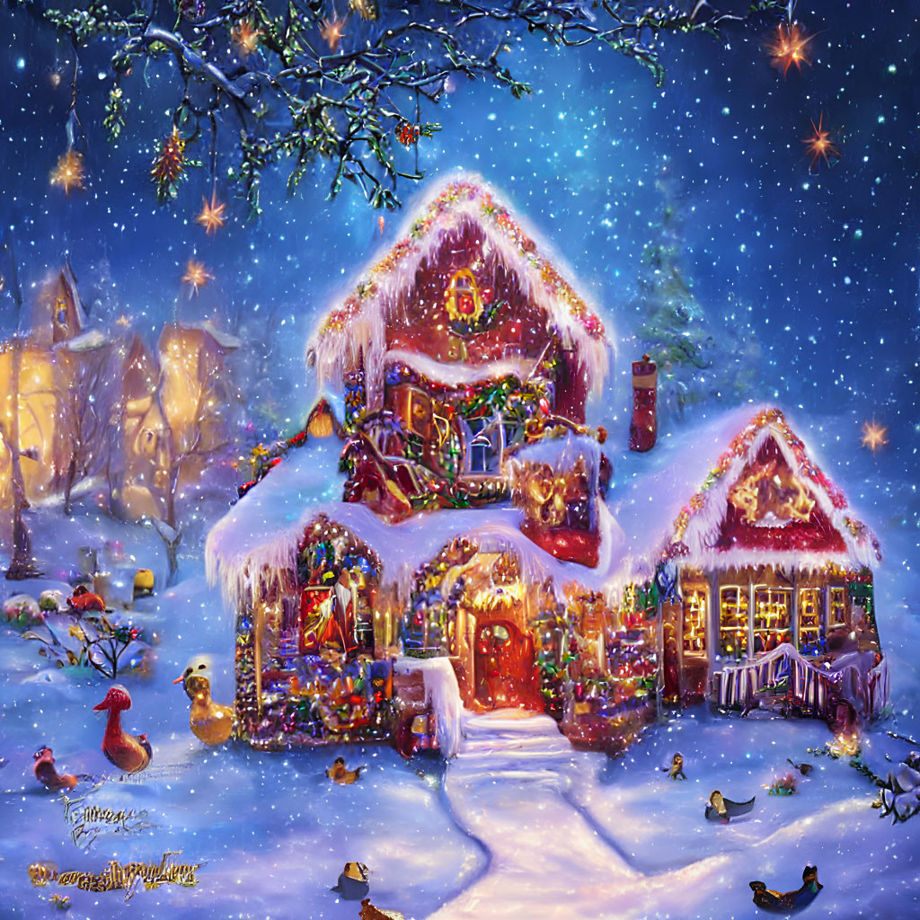 Snow-covered winter houses with Christmas decorations and holiday accents.