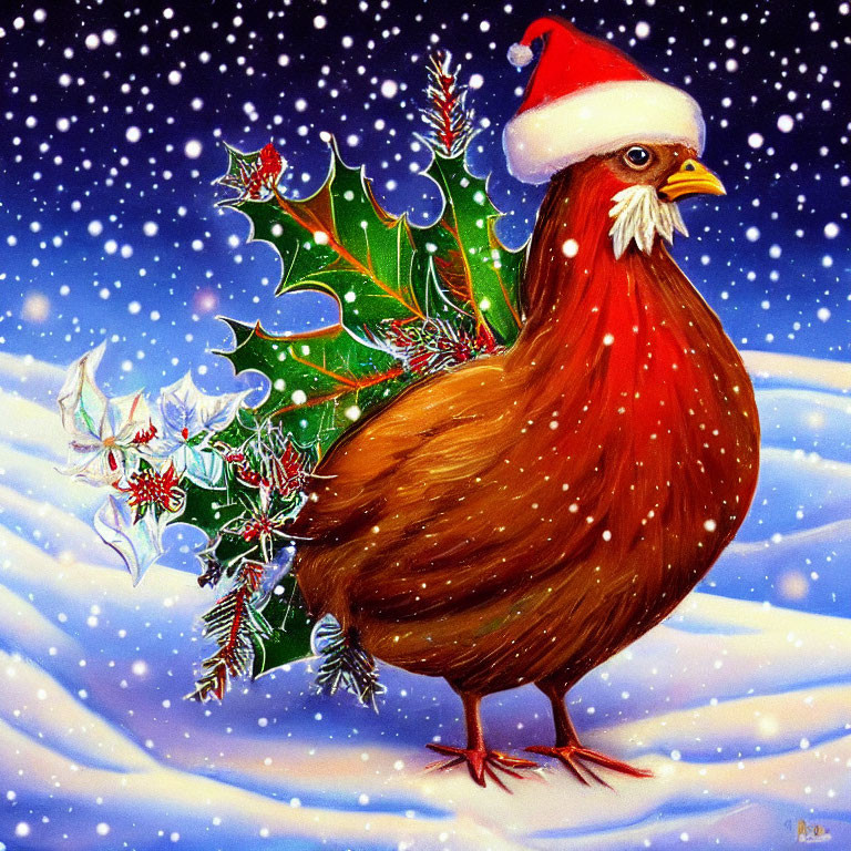 Whimsical chicken with Santa hat in snowy night scene