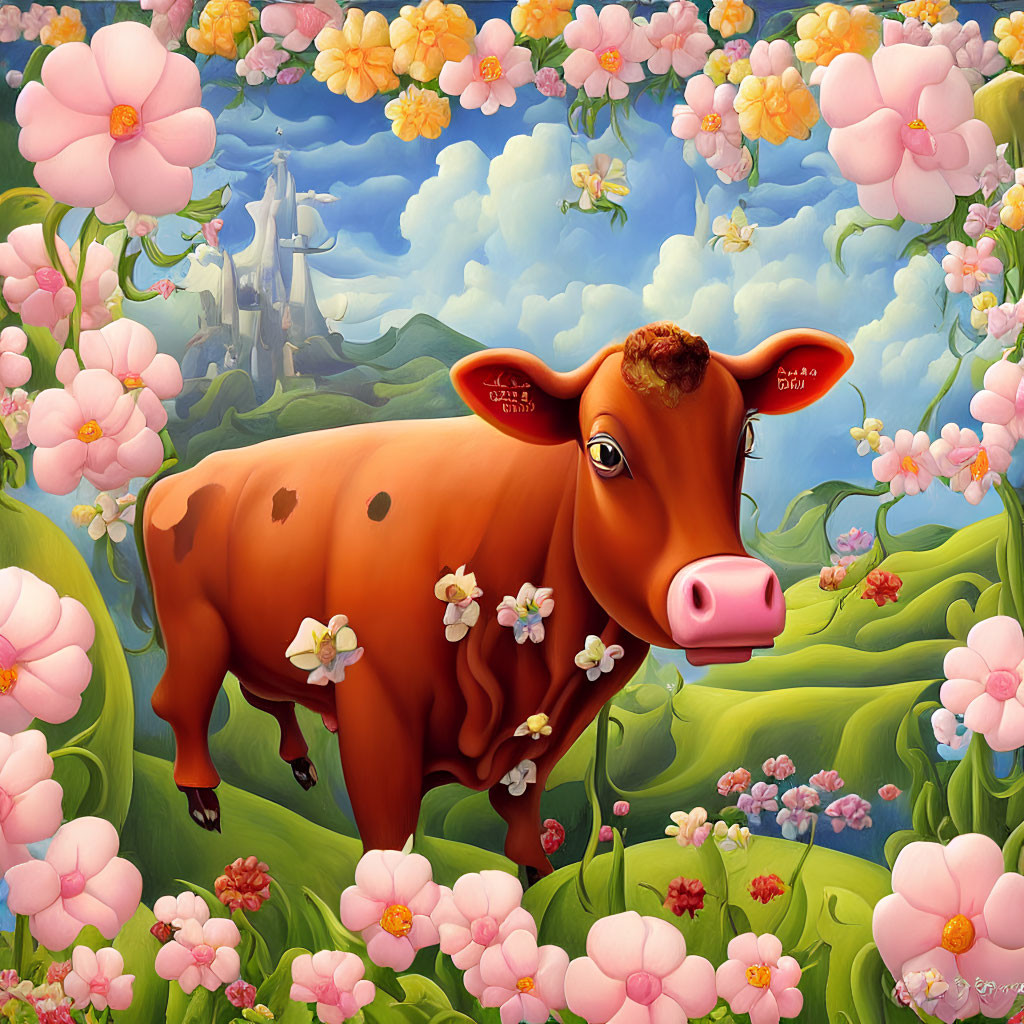 Whimsical painting of a brown cow in flower-filled field with castle