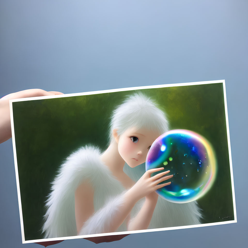 Realistic illustration of girl with white hair and feathers held by hands, gazing at luminescent