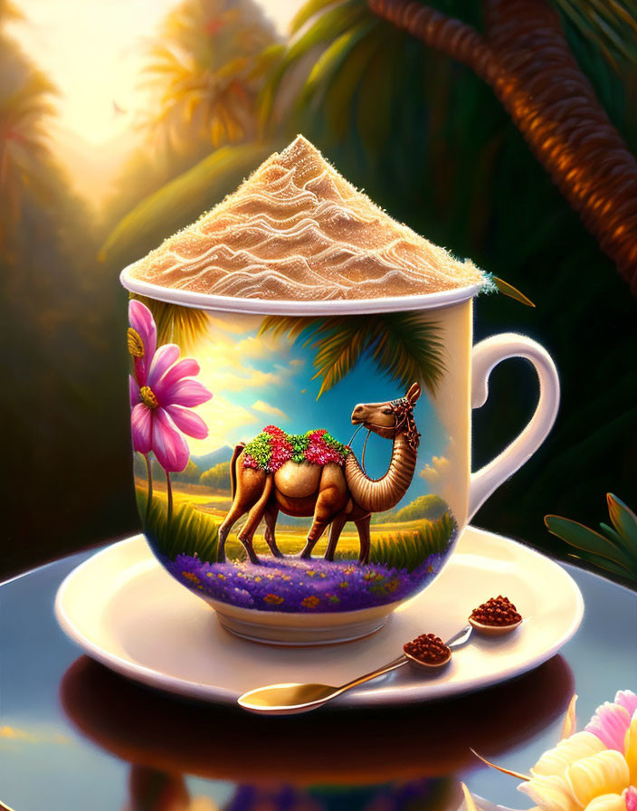 Desert scene teacup with camels, palm trees, and sand peak on saucer with