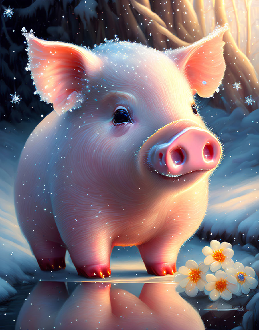 Pink piglet with snowflakes and flowers in snowy scene