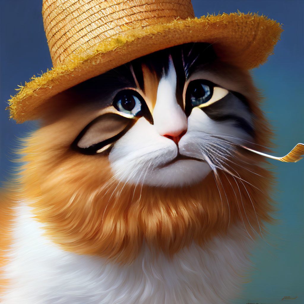 Stylized digital cat illustration with expressive eyes and straw hat on blue background