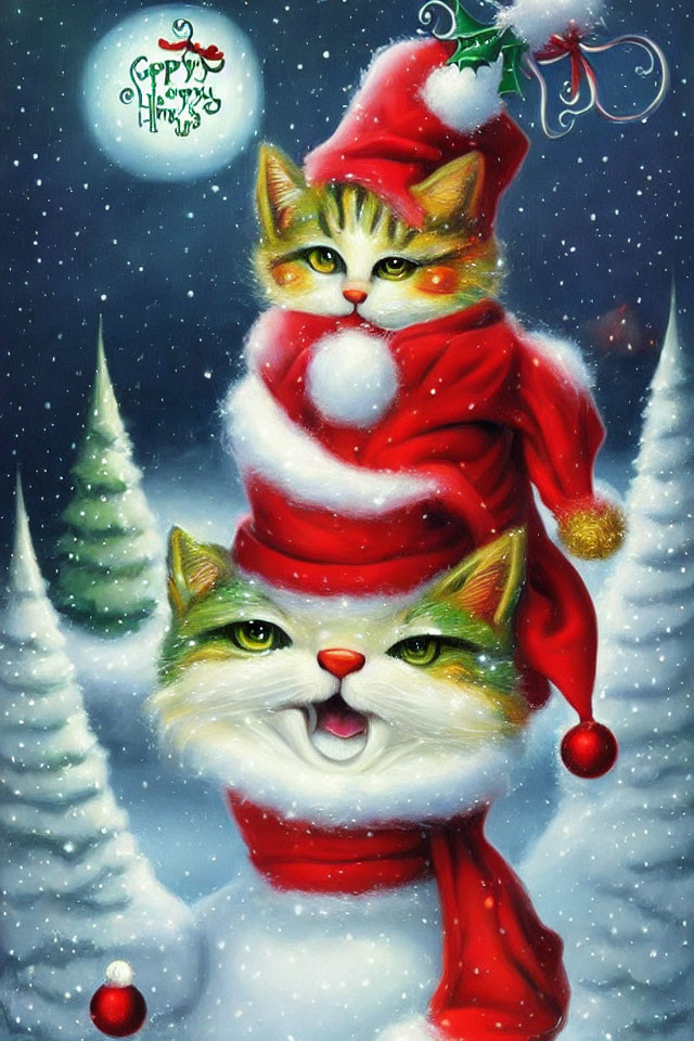 Whimsical Christmas card design with two cats in Santa hats