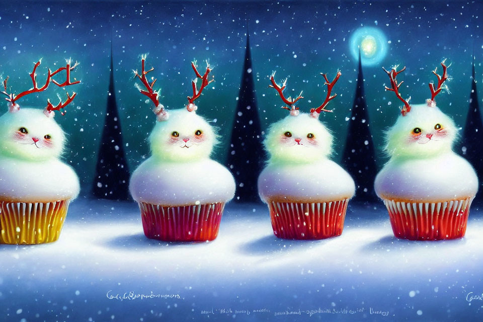 Snowy White Cat Cupcakes with Reindeer Antlers and Festive Hats in Snowy Scene