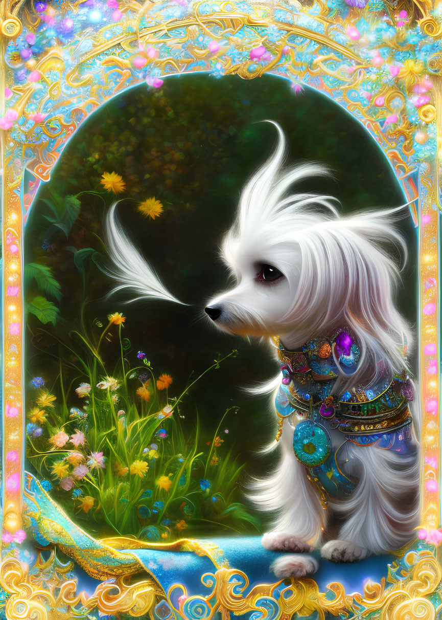 Elegant white dog with ornate jewelry on vibrant floral background