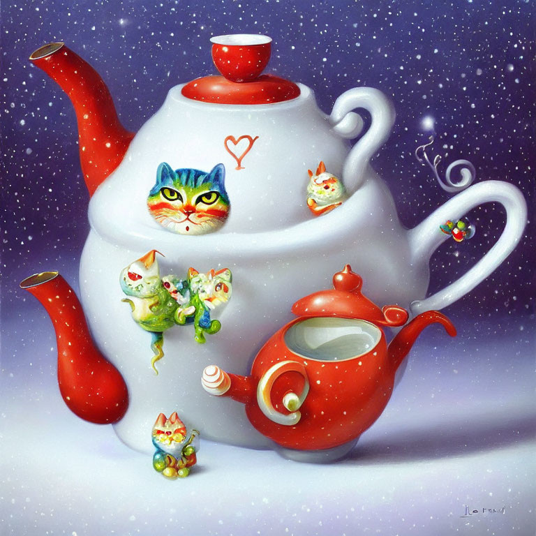 Whimsical red teapot with cat-like features in snowy scene