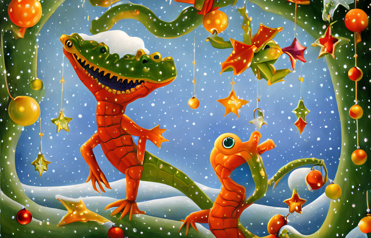 Colorful Cartoonish Orange Geckos in Snowy Starry Scene