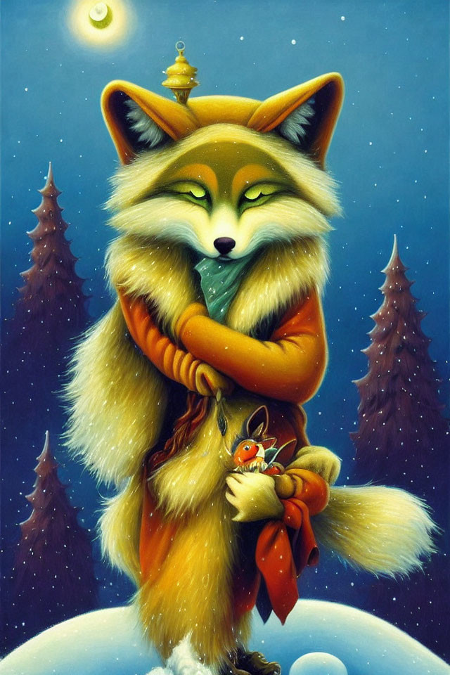 Anthropomorphic fox holding smaller fox in snowy forest scene