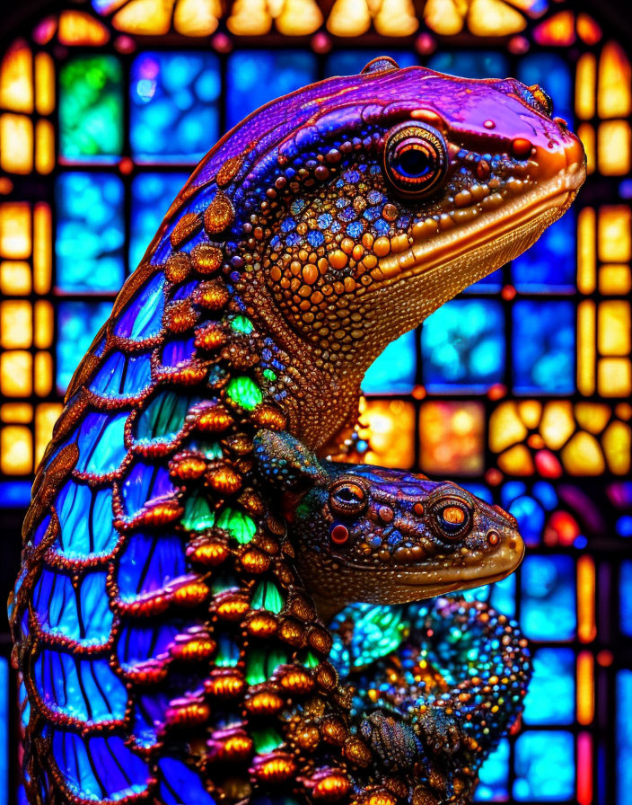 Colorful Stylized Lizard and Offspring Against Mosaic Background