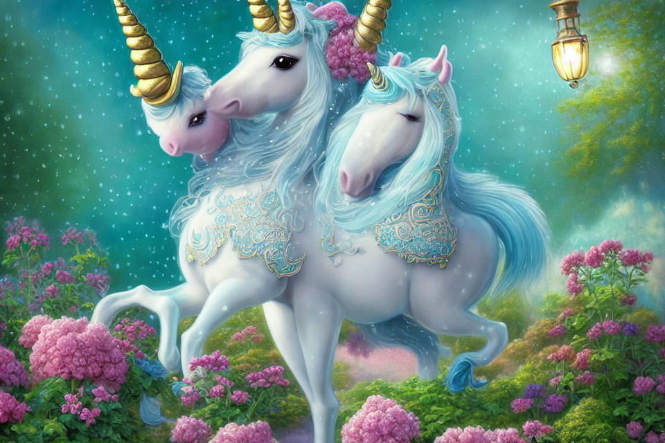 Two Elegant Unicorns with Ornate Markings Prancing Among Lush Flowers Under Starry Sky