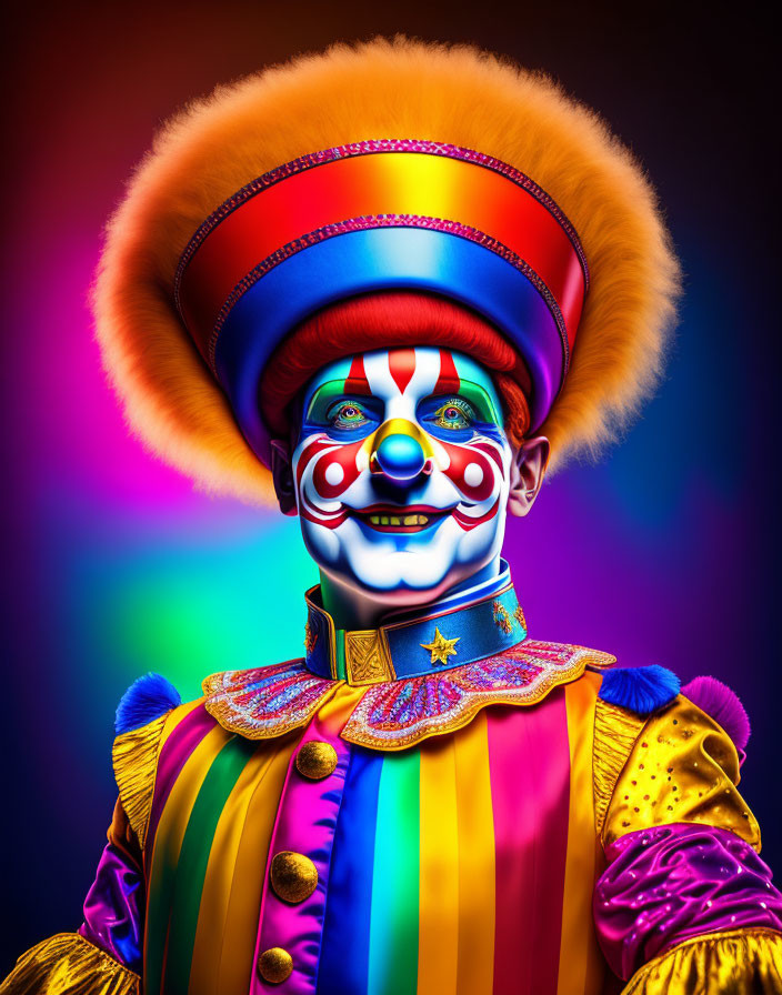 Colorful Clown with Exaggerated Makeup and Flamboyant Costume on Rainbow Background