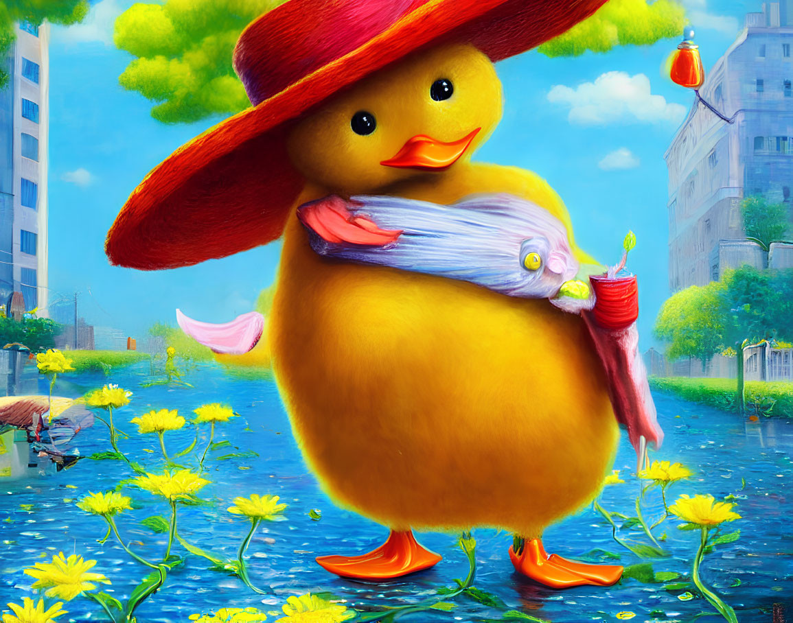 Illustration of anthropomorphic yellow duck in urban field.