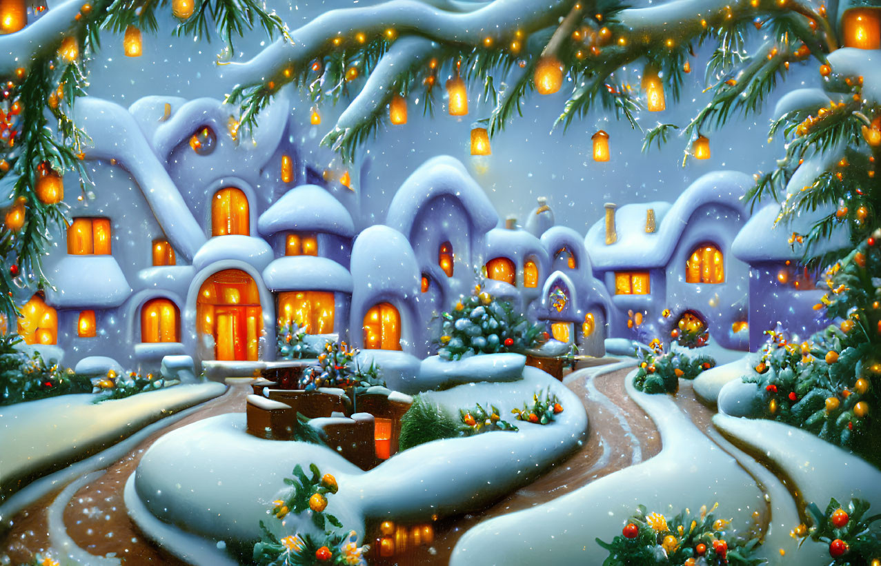 Snow-covered winter village with glowing windows and festive lights