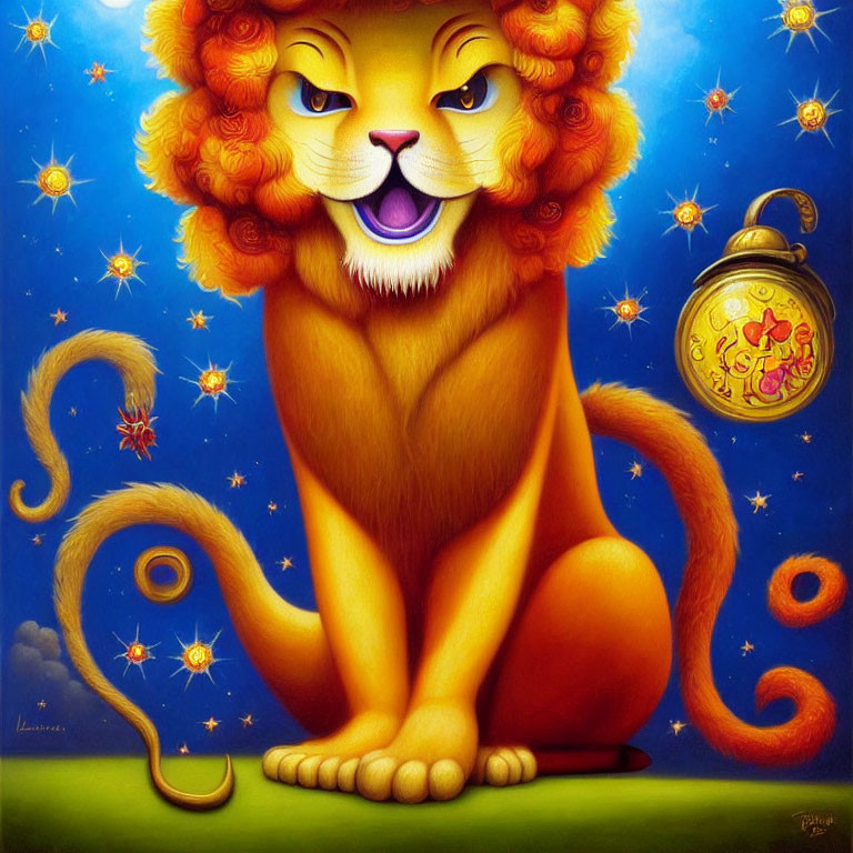 Colorful Lion Illustration with Stars and Golden Pocket Watch