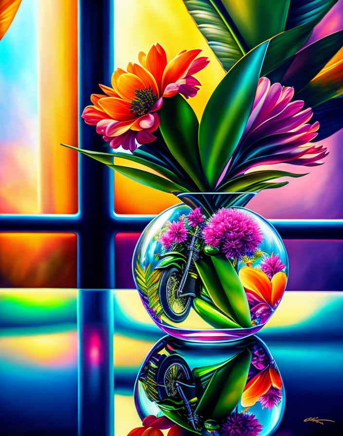 Colorful flowers in glass vase on stained glass backdrop