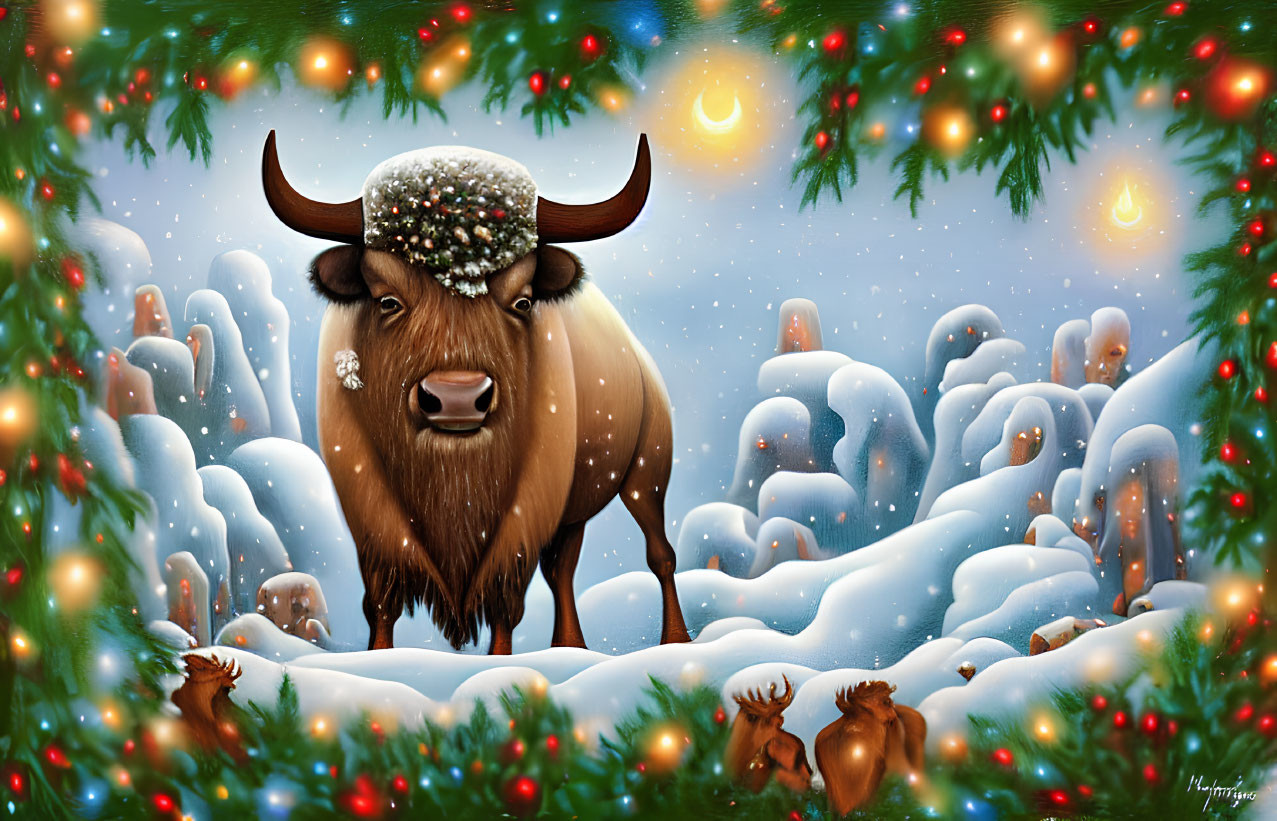 Illustration of festive yak in snowy landscape with decorated trees and small creatures