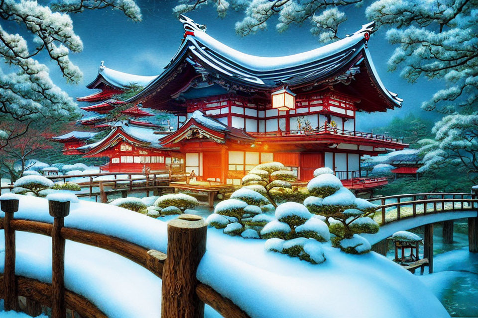 Snow-covered Japanese temple and wooden bridge in winter twilight