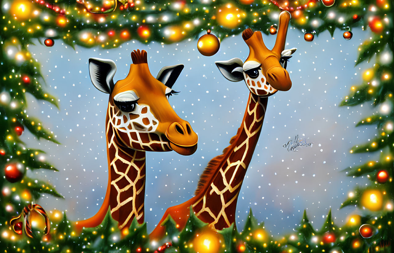 Playful cartoon giraffes among Christmas trees in snowfall