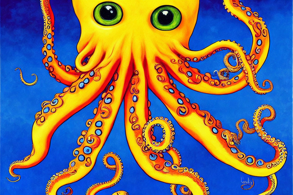 Colorful Orange Octopus Illustration with Green Eyes on Blue Background