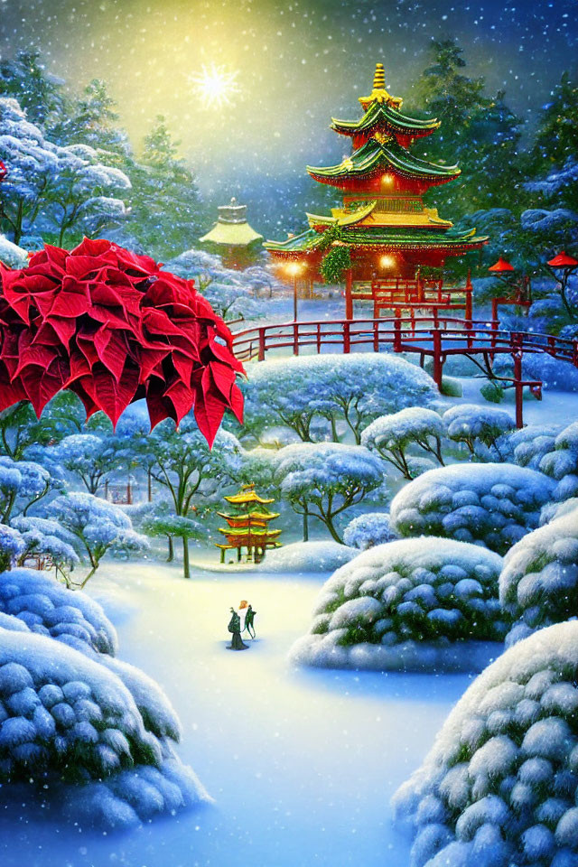 Vibrant snow-covered Asian landscape with traditional architecture and person in attire