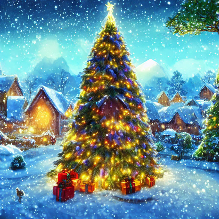 Snowy Christmas Village Scene with Illuminated Tree & Presents