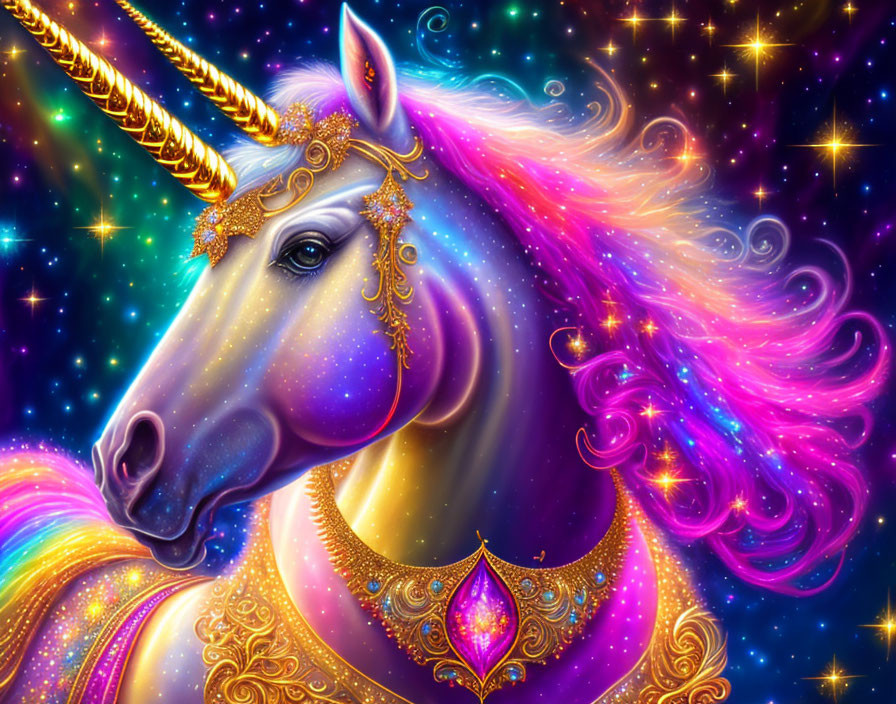 Colorful Unicorn Illustration with Shimmering Mane and Cosmic Background