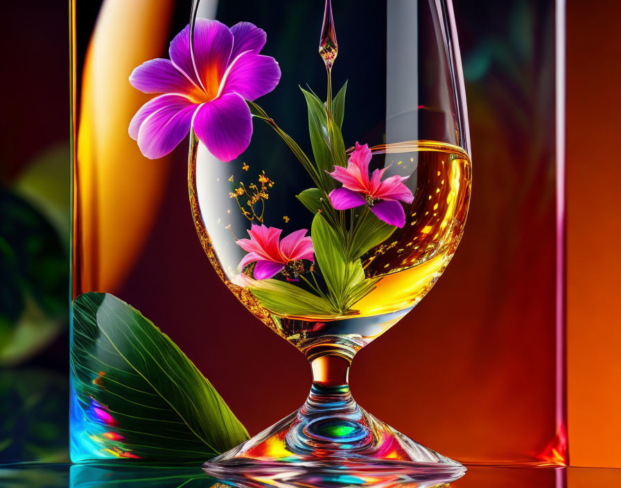 Colorful Digital Art: Wine Glass, Golden Liquid, Flowers & Abstract Background