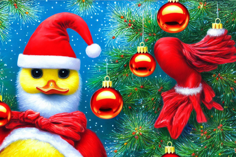 Yellow Duckling in Santa Hat with Festive Decorations