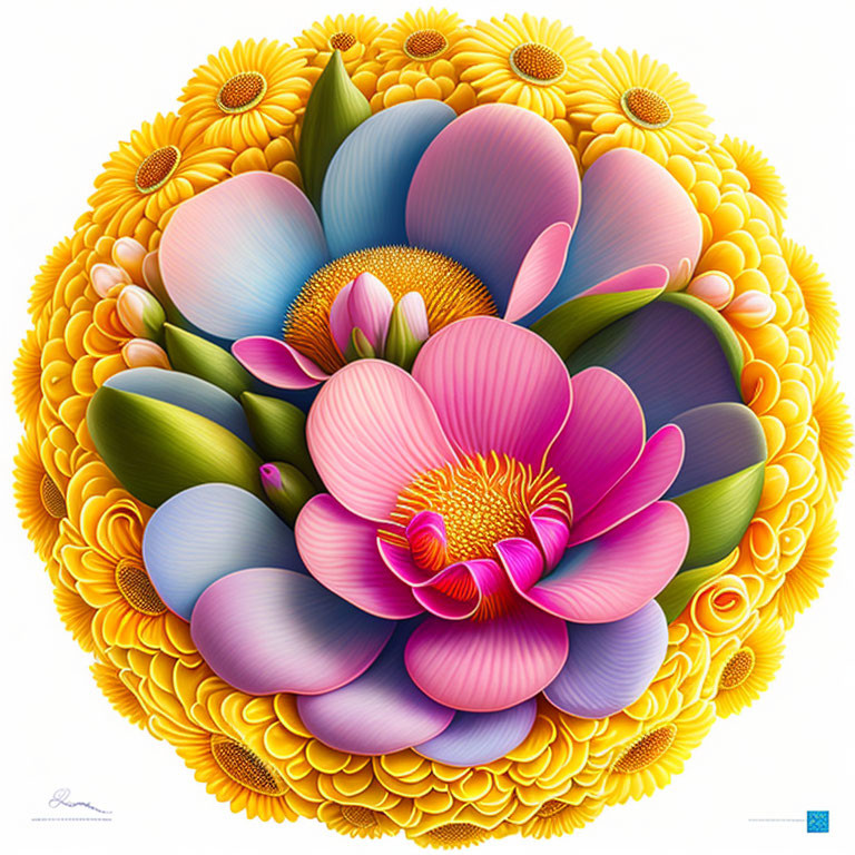 Colorful Floral Arrangement with Layered Petals and Circular Pattern