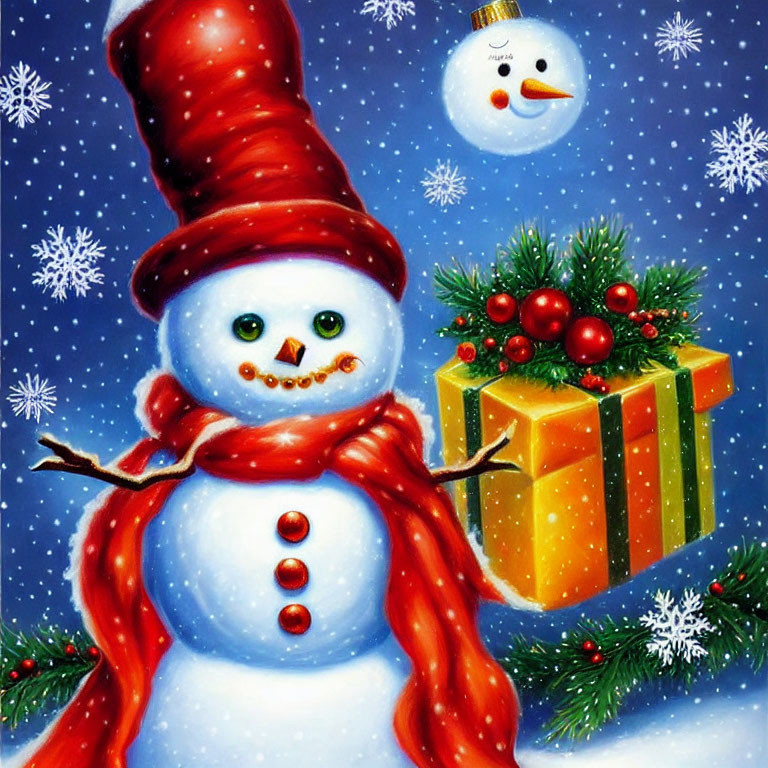 Cheerful snowman with red hat and floating snowman head ornament beside gift box in falling snow