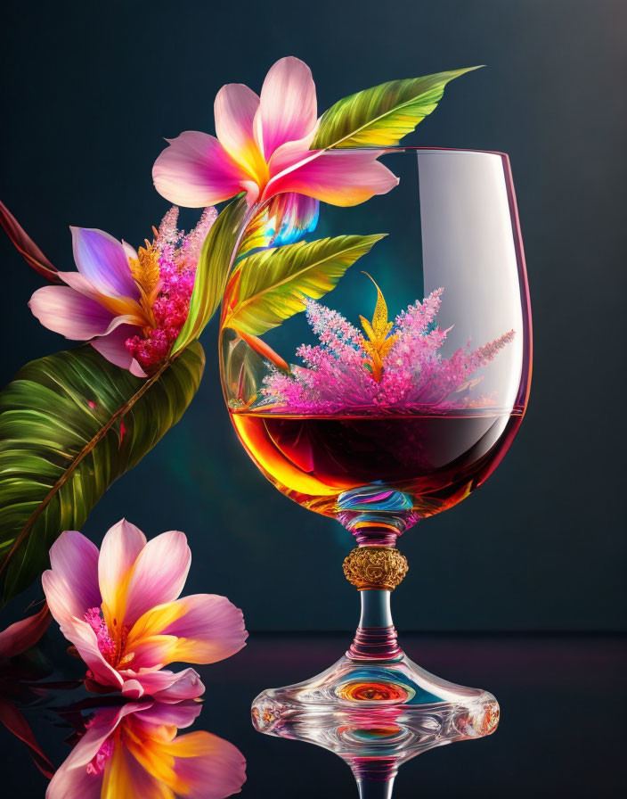 Colorful Stem Wine Glass with Pink Flowers and Leaves on Reflective Surface