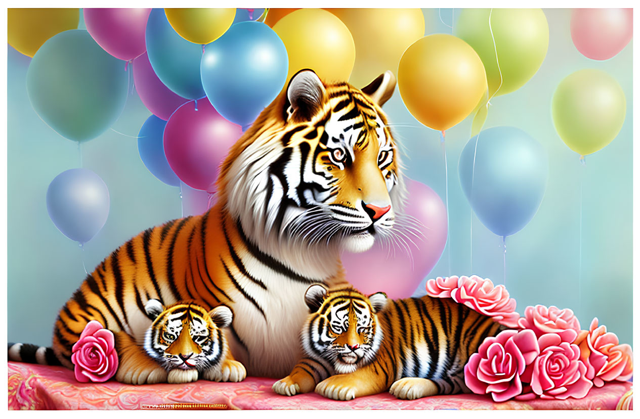 Colorful Illustration of Majestic Tiger with Cubs and Balloons