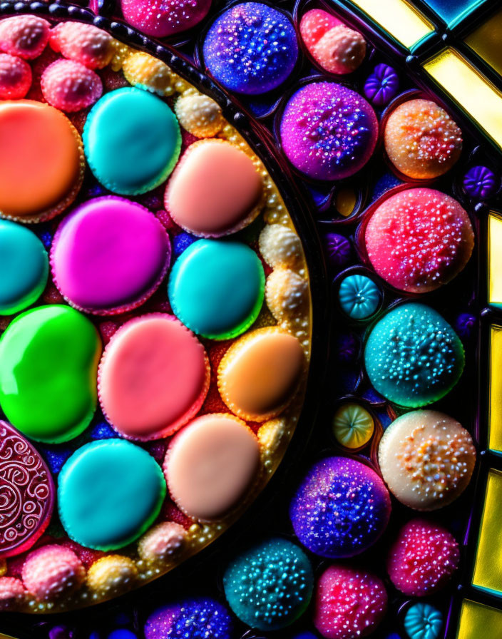 Assorted Sweets and Chocolates with Vibrant Coatings in Colorful Box