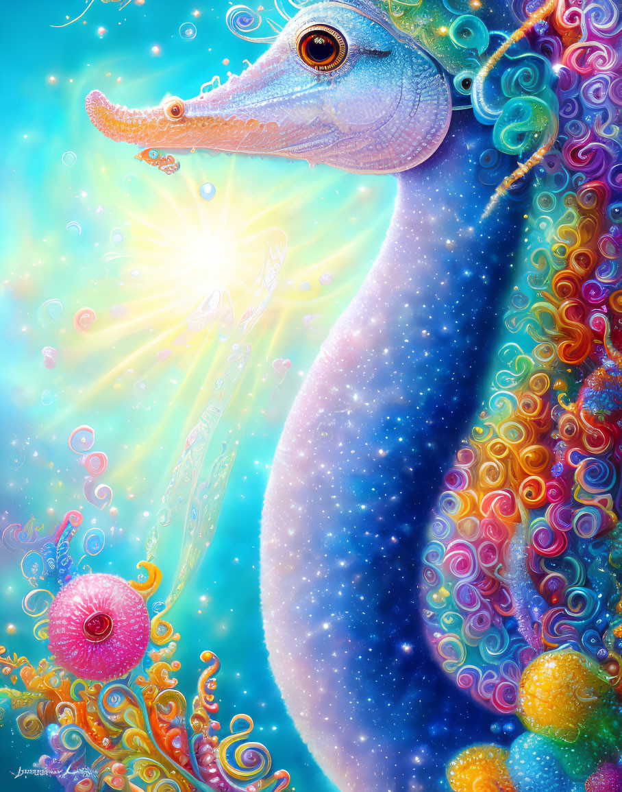 Colorful Galaxy-themed Seahorse Illustration Underwater