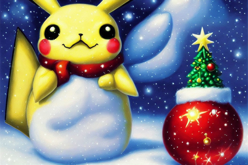 Festive Pikachu with red scarf by Christmas tree in snowy scene