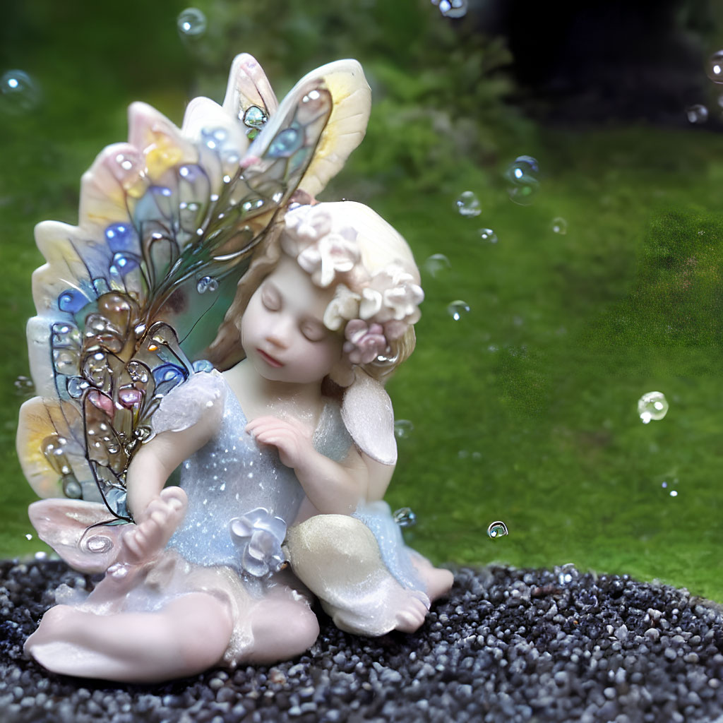 Sleeping fairy figurine with intricate wings and floral details on black pebbles.