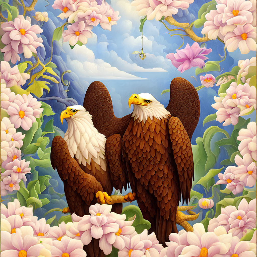 Bald Eagles on Branch with Pink Blossoms and Sky-blue Background