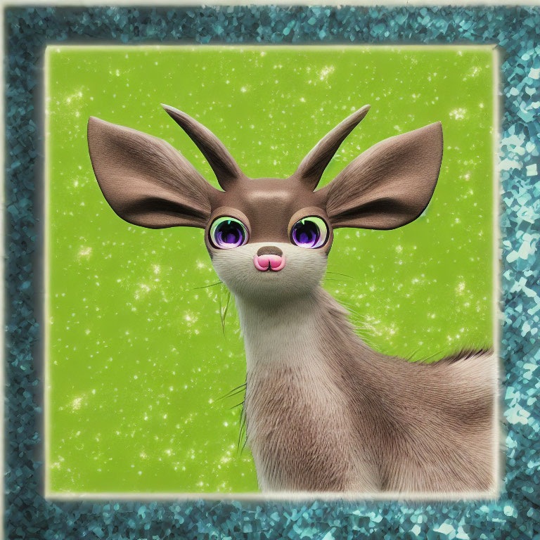 Brown fawn with big ears on sparkly green background