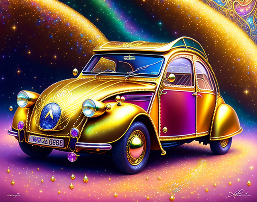 Colorful classic car illustration with glossy golden finish on cosmic backdrop