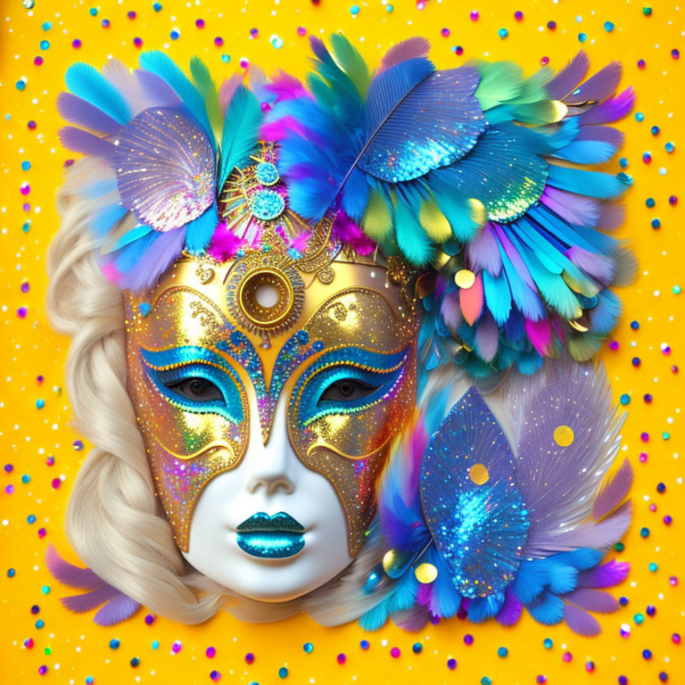 Colorful Feathered Masquerade Mask on Bright Yellow Background