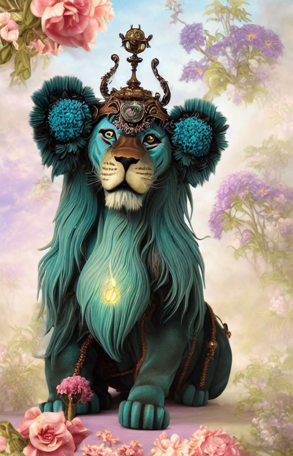 Majestic lion illustration with blue eyes, teal mane, crown, pendant, and floral backdrop