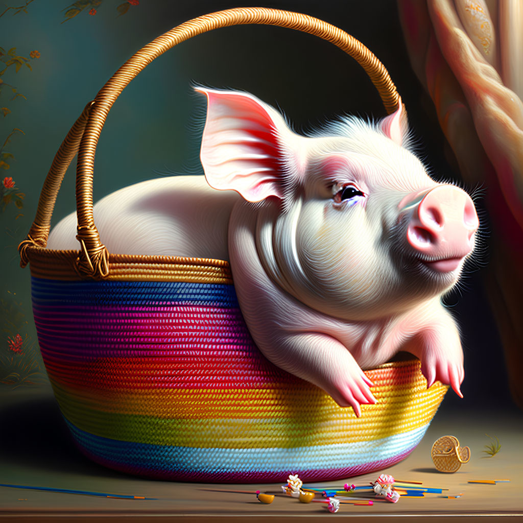 Content piglet in colorful basket with coins and flowers.