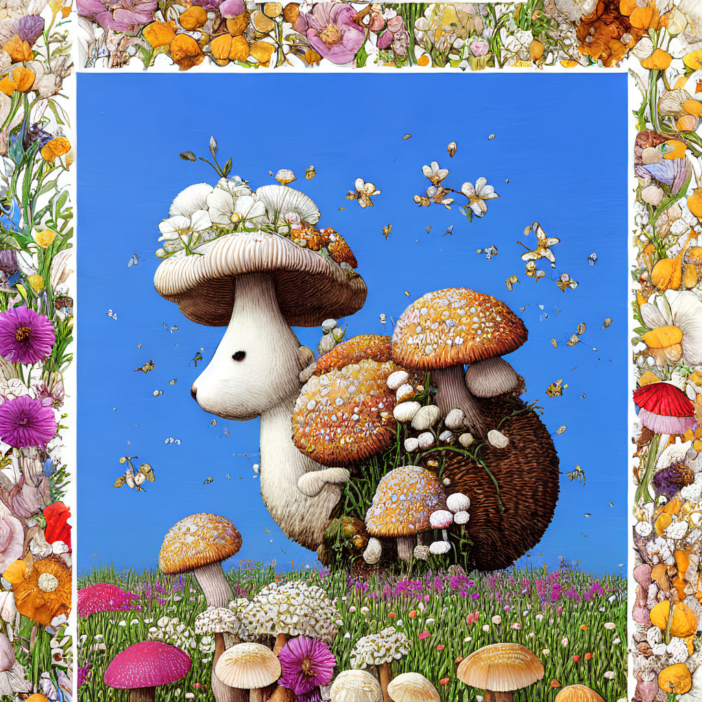 Colorful Mushroom Characters Amongst Flower Tapestry Under Blue Sky