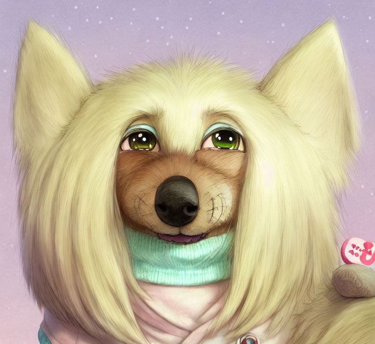 Fluffy cream-colored dog with green eyes in blue turtleneck holding pink toy