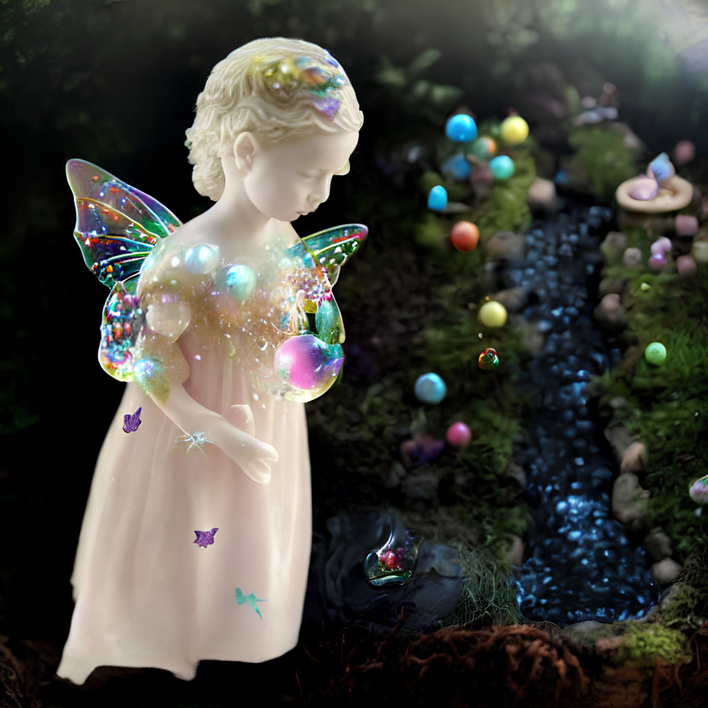 Porcelain fairy statue by miniature stream with colorful orbs and butterflies