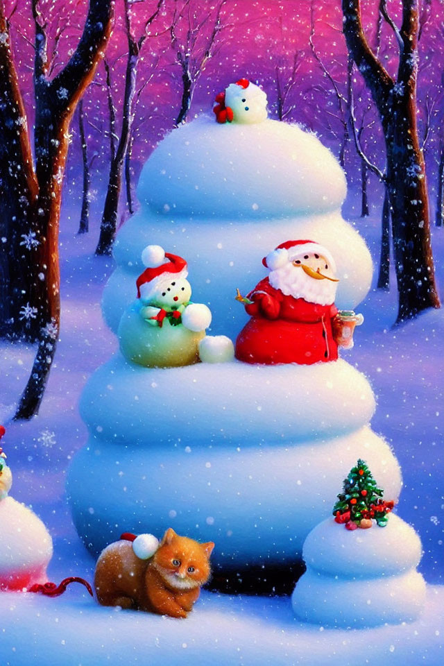 Whimsical Santa Claus snowman with tree and cute mouse illustration